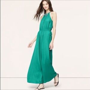 Emerald green silky halter maxi dress